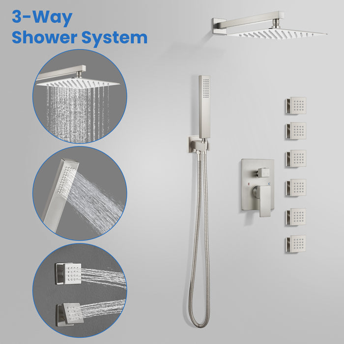 gotonovo Shower Faucet with Full Body Jets Rain Mixer 12 inch Rainfall Shower Head and Handheld Spray Combo Wall Mounted Rough-in Valve and Trim Included with 6pcs Body Message Jets