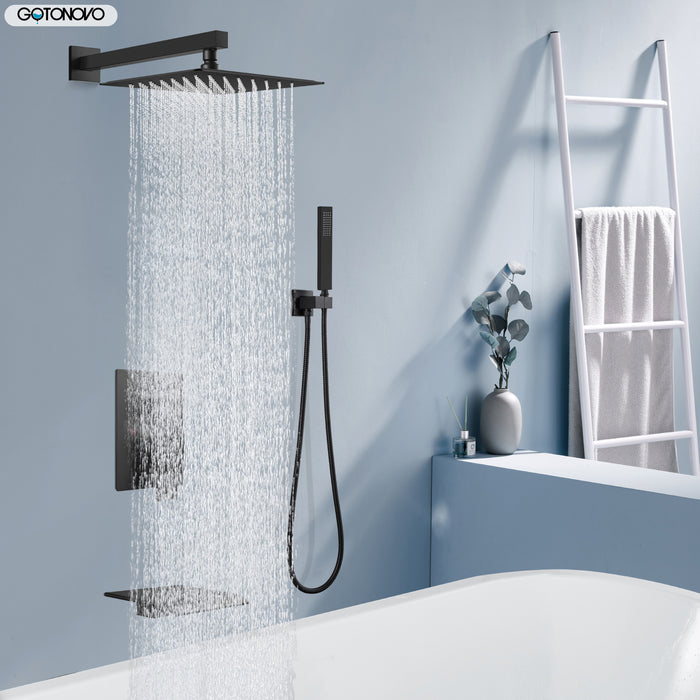 gotonovo Shower System 10 Inch Square Shower Head with Handheld Shower and Waterfall Tub Spout Wall Mount Rainfall Shower Faucet Rough-in Valve 3 Function Shower Combo Set