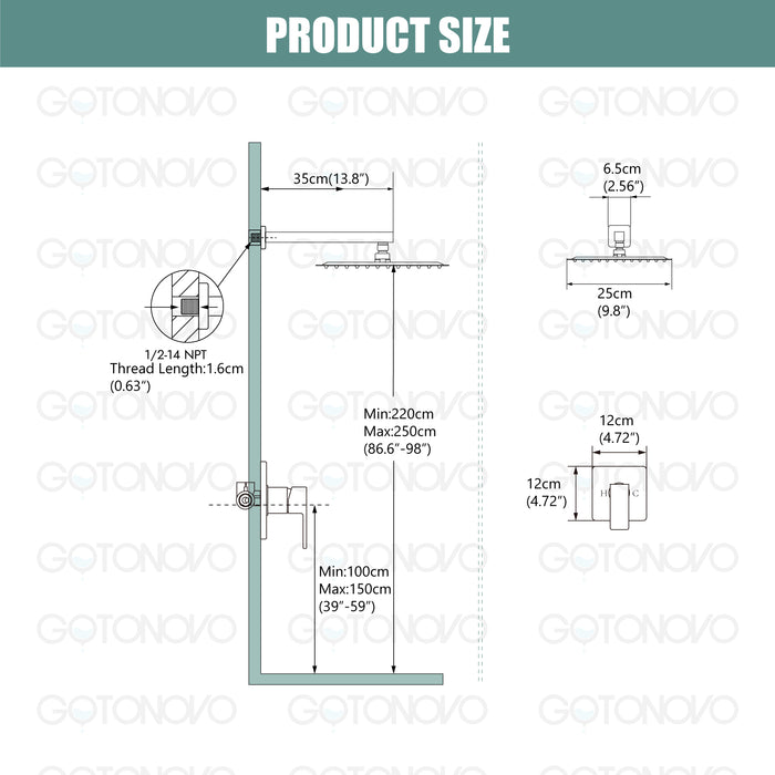 gotonovo Shower Trim Kit 10 Inch Square SUS304 Rainfall Shower Head and One Handle System 1 Function Mixer Shower Faucet Set with Rough-in Valve Male Thread