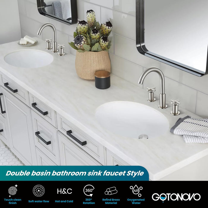 gotonovo 3 Hole Bathroom Faucet 8 inch Widespread Sink Vanity Faucet for Bathroom Sink 2 Cross Handle Deck Mount Basin with Pop Up Drain 360° Swivel Spout