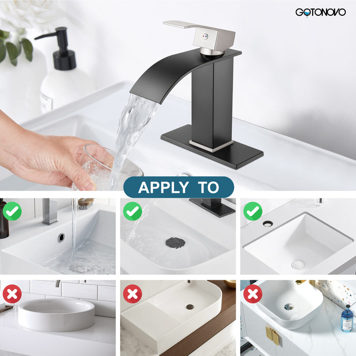 gotonovo Bathroom Sink Faucet Single Handle 1 Hole Waterfall Spout Vanity Sink Faucet Deck Mount Mixer Tap Lavatory with Deck Plate and Pop Up Drain