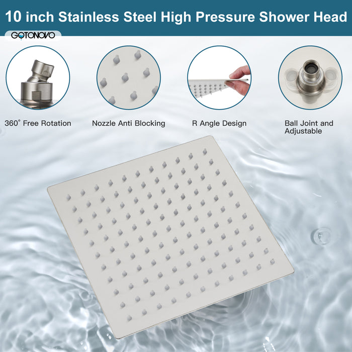 gotonovo Shower System 10 Inch Square Shower Head with Handheld Shower and Waterfall Tub Spout Wall Mount Rainfall Shower Faucet Rough-in Valve 3 Function Shower Combo Set