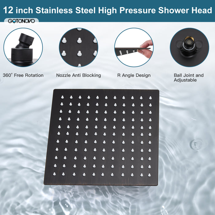 gotonovo Shower System 12 Inch Square Shower Head with Handheld Shower and Waterfall Tub Spout Wall Mount Rainfall Shower Faucet Rough-in Valve 3 Function Shower Combo Set