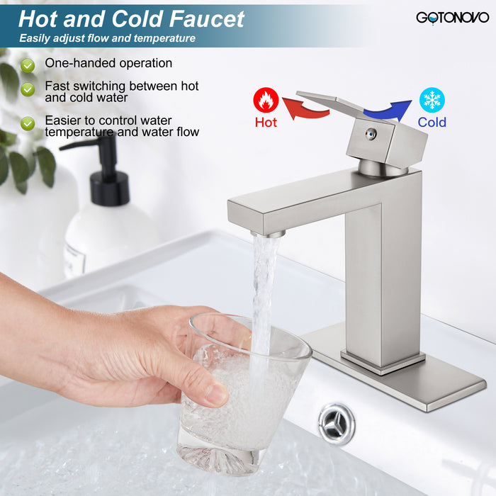 gotonovo Bathroom Sink Faucet Single Handle Stainless Steel Mixing Tap for Bathroom Sink Lavatory Vanity Sink Faucet with Pop Up Drain Stopper, Cover Plate and Water Supply Line