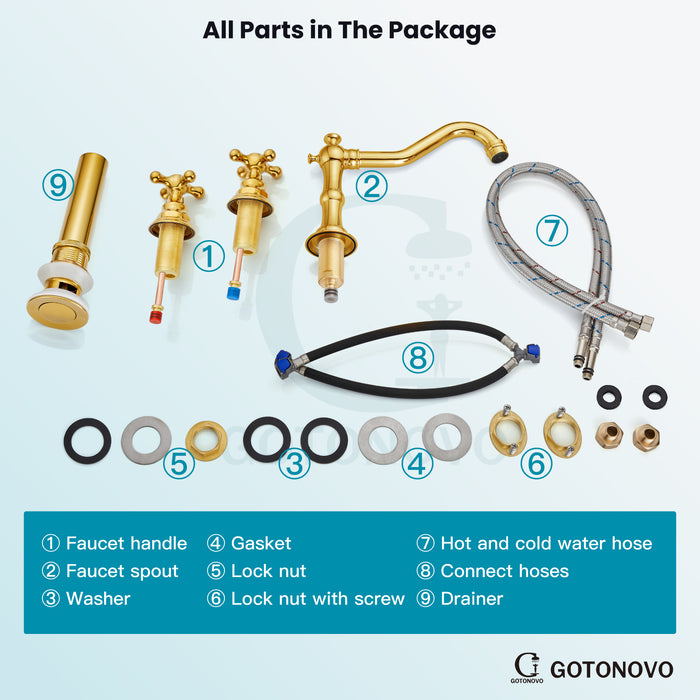Gotonovo Badkamer Wastafel Kraan Dekmontage Wijdverspreide Dubbele Mengkraan Kruisknoppen 3 Gat met Pop-Up Afvoer 
