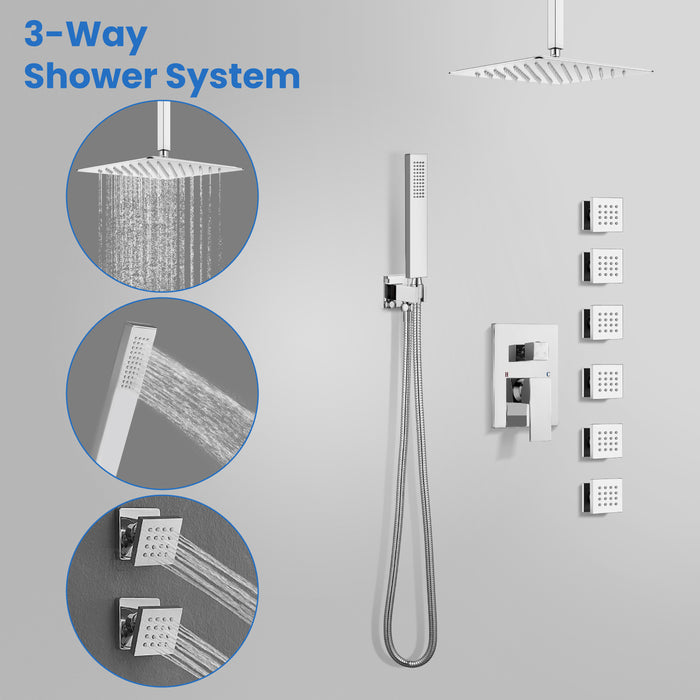 gotonovo 12 inch Ceiling Mount Rain Shower Faucet Set with 6 Body Spray Jets Rainfall Shower Head and Handheld Sprayer Multi Shower System Rough-in Valve and Trim Included Chrome Polished