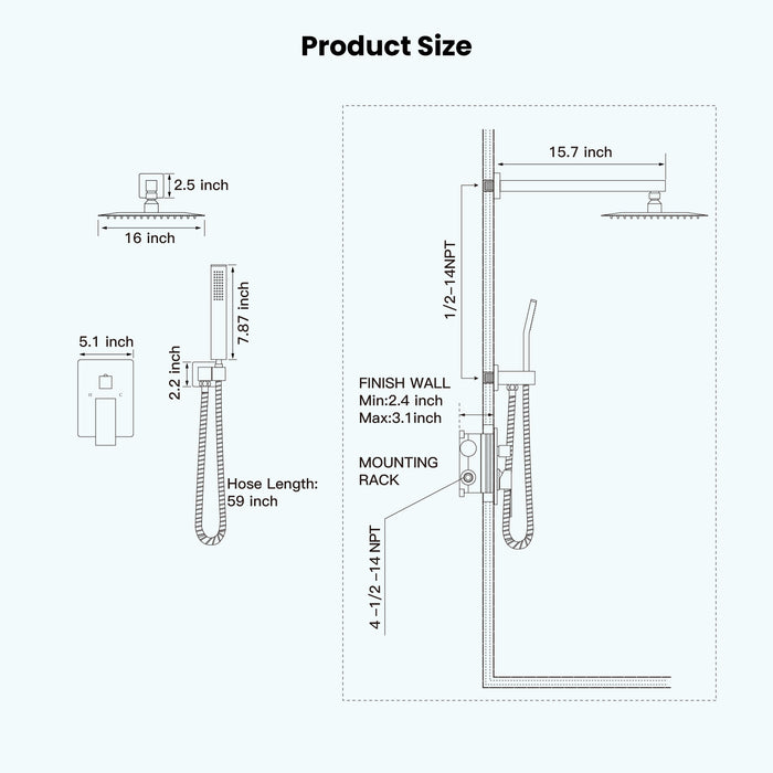 gotonovo Rain Shower Combo Set Wall Mounted  2-Function Rainfall Shower Head With Handheld Spray Rough-in Valve Body and Trim Included