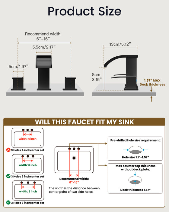 gotonovo Waterfall 8 inch Widespread Bathroom Faucet Set Bathroom Sink Faucet 3 Hole 2 Handle Vanity Lavatory Deck Mount with Pop Up Drain and Water Supply Lines