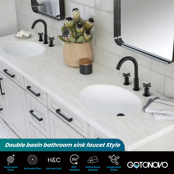gotonovo 3 Hole Bathroom Faucet 8 inch Widespread Sink Vanity Faucet for Bathroom Sink 2 Cross Handle Deck Mount Basin with Pop Up Drain 360° Swivel Spout