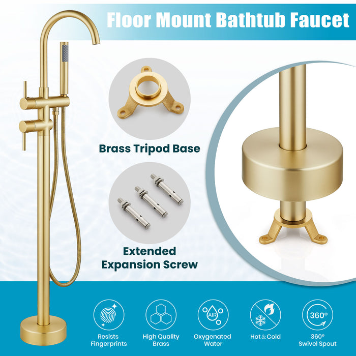 gotonovo Freestanding Tub Faucets Floor Mount Tub Filler, High Flow Free Standing Bathtub Faucet Stand Alone with Handheld Shower and Rough-in Valve,360° Swivel High-Arc Spout,SUS304