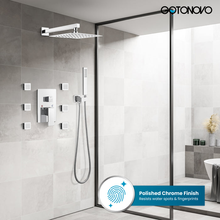 gotonovo Shower Faucet with Full Body Jets Rain Mixer 12 inch Rainfall Shower Head and Handheld Spray Combo Wall Mounted Rough-in Valve and Trim Included with 6pcs Body Message Jets