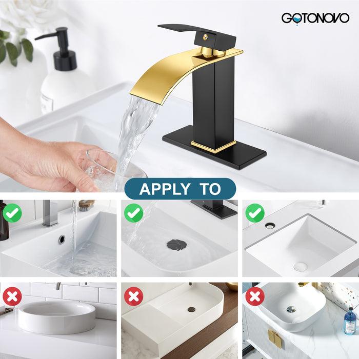gotonovo Bathroom Sink Faucet Single Handle 1 Hole Waterfall Spout Vanity Sink Faucet Deck Mount Mixer Tap Lavatory with Deck Plate and Pop Up Drain