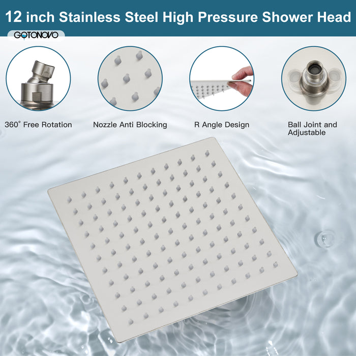 gotonovo Shower System 12 Inch Square Shower Head with Handheld Shower and Waterfall Tub Spout Wall Mount Rainfall Shower Faucet Rough-in Valve 3 Function Shower Combo Set