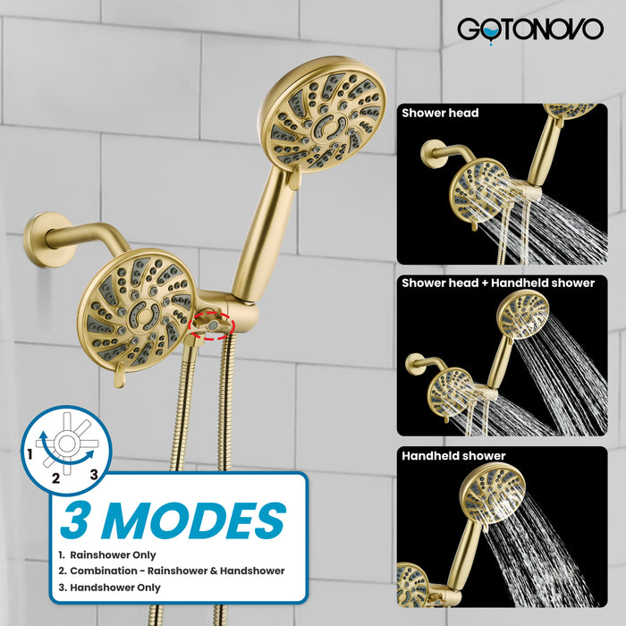 Gotonovo 3-weg wateromstelling Dual 2 in 1 douchekop combo douchesysteem met 5 functies Verstelbare handdouche en baduitloop Douchekraanset (inclusief ruw ventiel) 