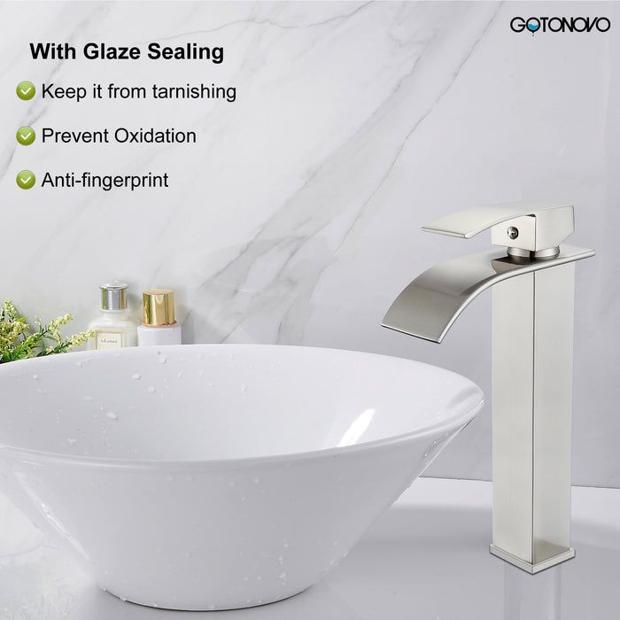 gotonovo Vessl Sink Tall Faucet Waterfall Bathroom Bowl Single Handle Single Hole Spout Sink Faucet Deck Mount with Large Rectangular Lavatory Vanities