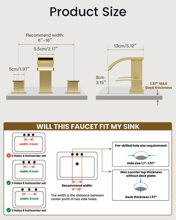 gotonovo Waterfall 8 inch Widespread Bathroom Faucet Set Bathroom Sink Faucet 3 Hole 2 Handle Vanity Lavatory Deck Mount with Pop Up Drain and Water Supply Lines