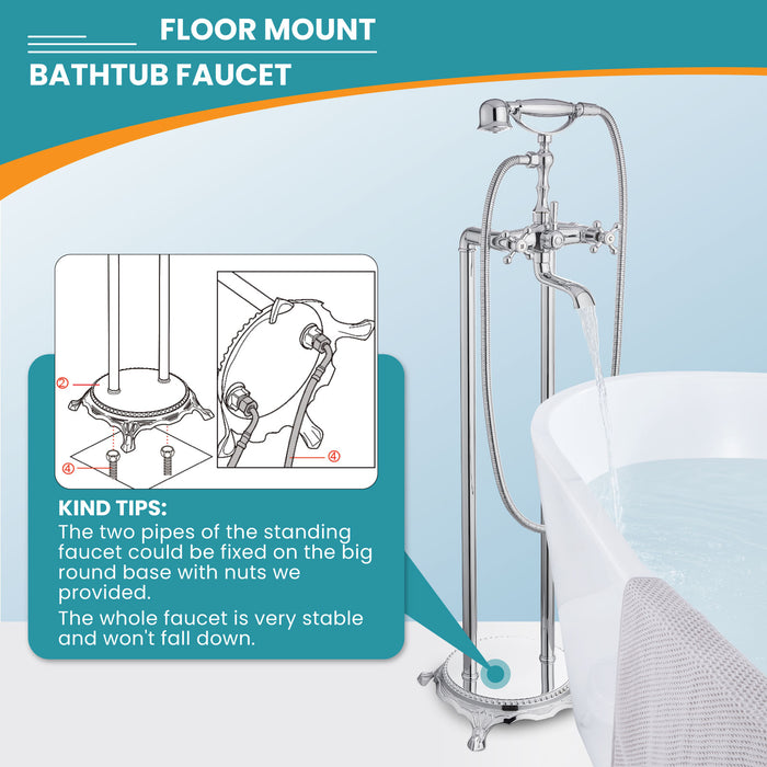 gotonovo Free Standing Tub Faucet,Brass Handheld Spray,Clawfoot Freestanding Bathtub Faucet,Vintage Floor Mount High Flow Tub Filler with Double Cross Handles,360°Rotation Spout