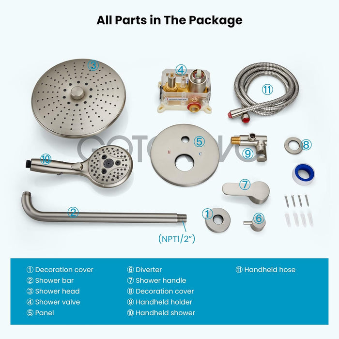 gotonovo Shower Trim Kit 10 inch 3 Modes Round Rainfall Shower Head Wall Mounted 6-Functions ABS Handheld Spray Shower System Pressure Balanced Rough-in Valve and Trim Included