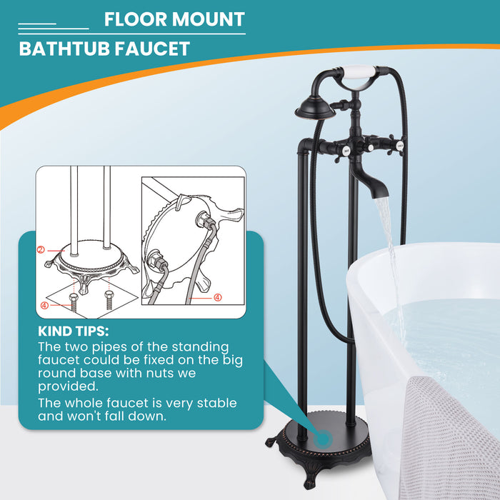 gotonovo Free Standing Tub Faucet,Ceramic Handheld Spray,Clawfoot Freestanding Bathtub Faucet,Vintage Floor Mount High Flow Tub Filler with Double Cross Handles,360°Rotation Spout