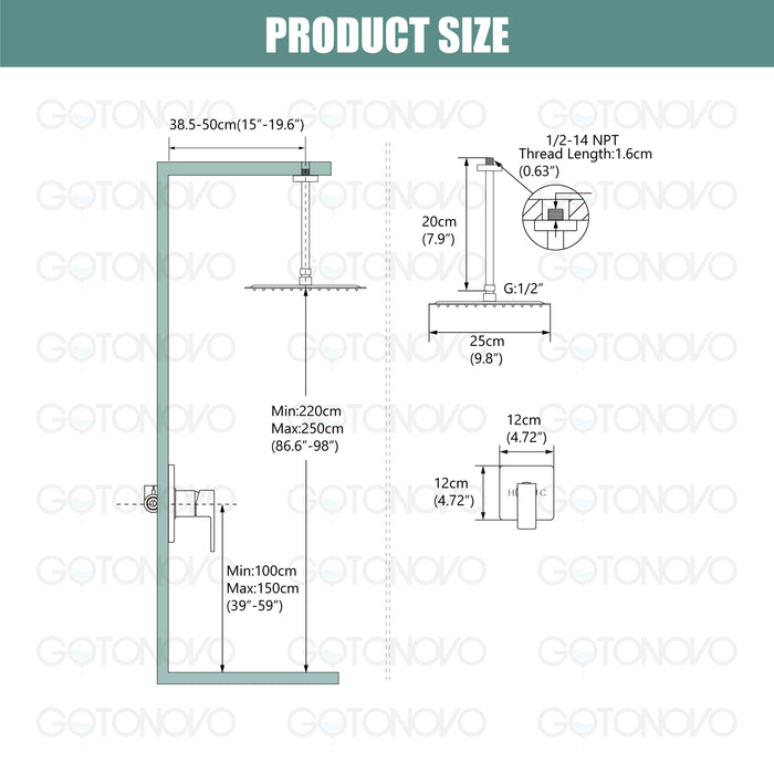 gotonovo Shower Trim Kit 10 Inch Square SUS304 Rainfall Shower Head and One Handle System 1 Function Mixer Shower Faucet Set with Rough-in Valve Male Thread