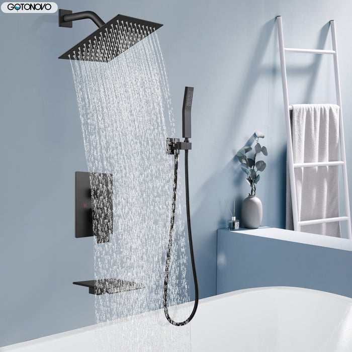 gotonovo Rain Shower System 8 Inch Square Rainfall Shower Head  Shower Faucet Tub Set with Handheld Sprayer and Waterfall Tub Spout Rough-in Valve Shower Mixer Combo