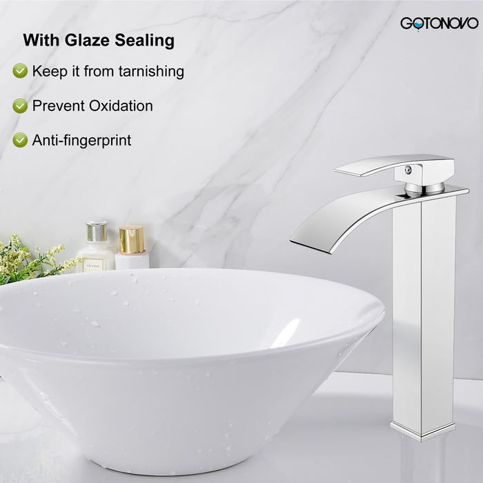 gotonovo Waterfall Bathroom Bowl Vessel Sink Tall Faucet1 Hole Single Handle Lavatory Vanities Mixer Tap Deck Mount with Large Rectangular Spout