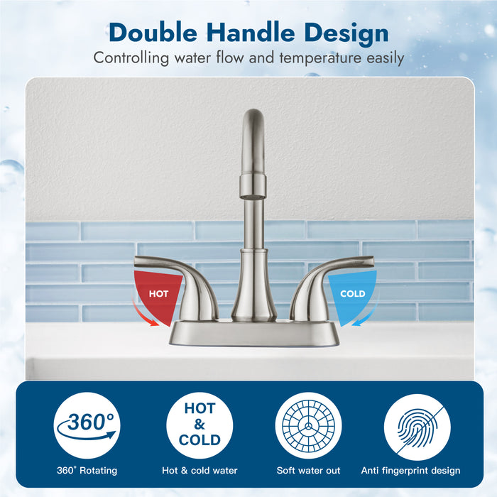 Bathroom Sink Faucet 4 Inch Centerset Lavatory Basin Mixer Tap Double Hole Two Handle Swivel Spout 360 Degree Deck Mount Vanity Vessel Faucet