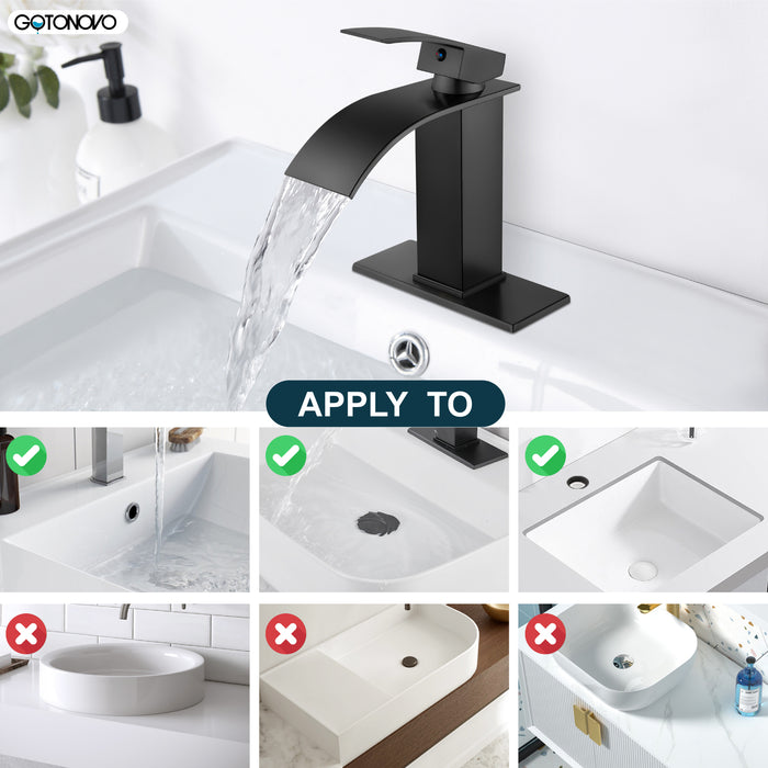 gotonovo Bathroom Sink Faucet Waterfall Spout Deck Mount Single Handle 1 Hole  Deck Plate Pop Up Drain with Overflow with Mixer Tap Lavatory Vanity Sink Faucet Commercial