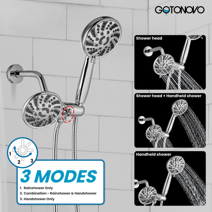 Gotonovo 3-weg wateromstelling Dual 2 in 1 douchekop combo douchesysteem met 5 functies Verstelbare handdouche en baduitloop Douchekraanset (inclusief ruw ventiel) 
