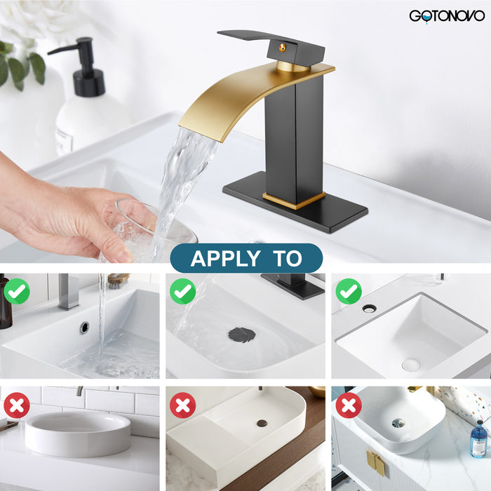 gotonovo Bathroom Sink Faucet Single Handle 1 Hole Waterfall Spout Vanity Sink Faucet Deck Mount Mixer Tap Lavatory with Deck Plate and Pop Up Drain