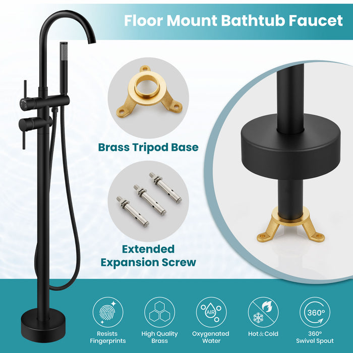 gotonovo Freestanding Tub Faucets Floor Mount Tub Filler, High Flow Free Standing Bathtub Faucet Stand Alone with Handheld Shower and Rough-in Valve,360° Swivel High-Arc Spout,SUS304