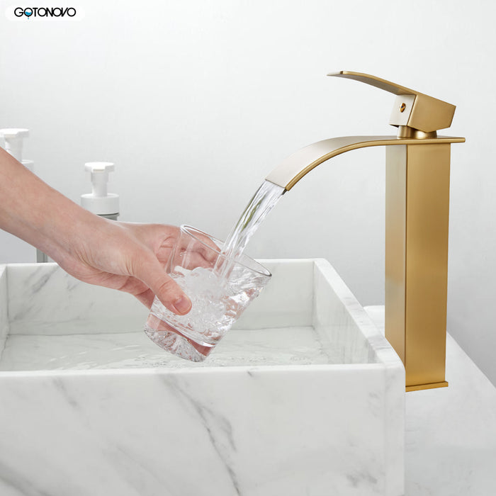 gotonovo Vessl Sink Tall Faucet Waterfall Bathroom Bowl Single Handle Single Hole Spout Sink Faucet Deck Mount with Large Rectangular Lavatory Vanities