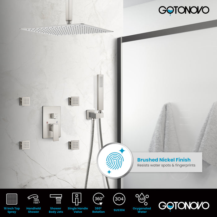 gotonovo Rain Mixer Shower Faucet Set Ceiling Mounted Rainfall Shower Head with 4 Body Spray Jets and Brass Handshower Rough-in Valve and Trim Included