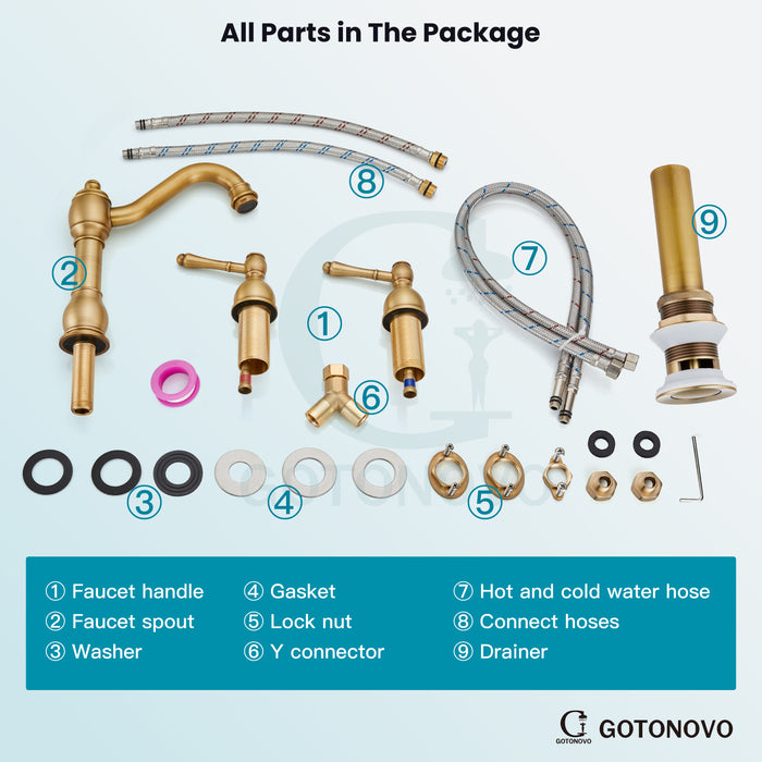 gotonovo 8 Inch Widespread Bathroom Faucets for Sink 3 Hole 2 Lever Handle Deck Mount with Pop Up Drain Assembly with Hot and Cold Water Supply Lines