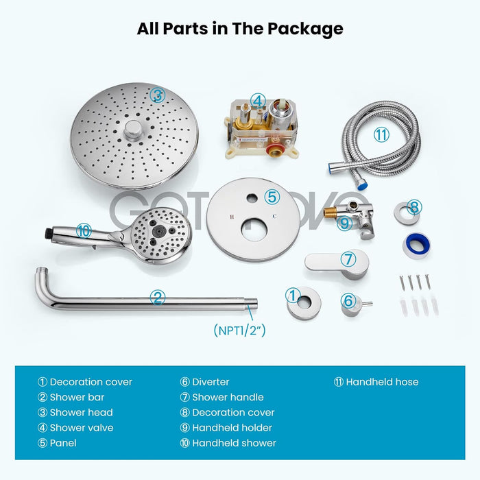 gotonovo Shower Trim Kit 10 inch 3 Modes Round Rainfall Shower Head Wall Mounted 6-Functions ABS Handheld Spray Shower System Pressure Balanced Rough-in Valve and Trim Included