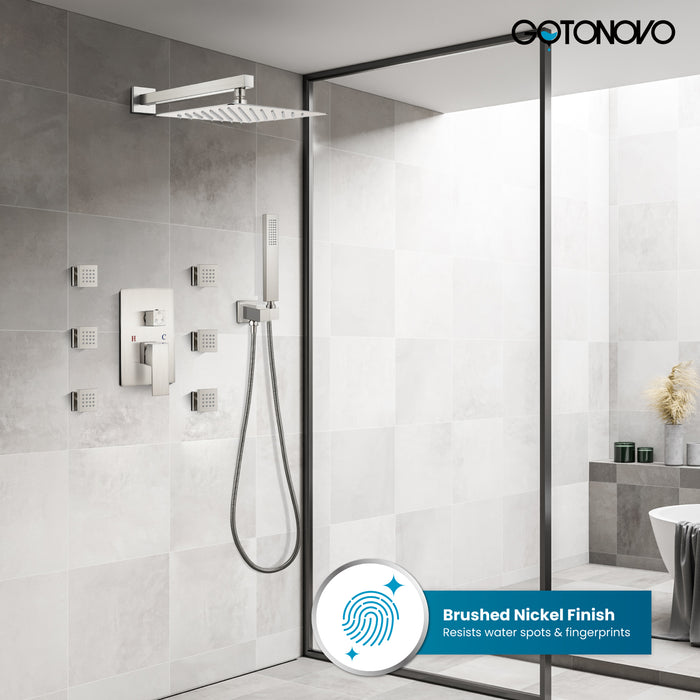 gotonovo Shower Faucet with Full Body Jets Rain Mixer 12 inch Rainfall Shower Head and Handheld Spray Combo Wall Mounted Rough-in Valve and Trim Included with 6pcs Body Message Jets