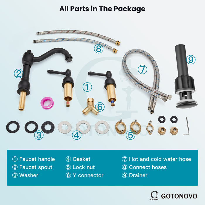 gotonovo 8 Inch Widespread Bathroom Faucets for Sink 3 Hole 2 Lever Handle Deck Mount with Pop Up Drain Assembly with Hot and Cold Water Supply Lines