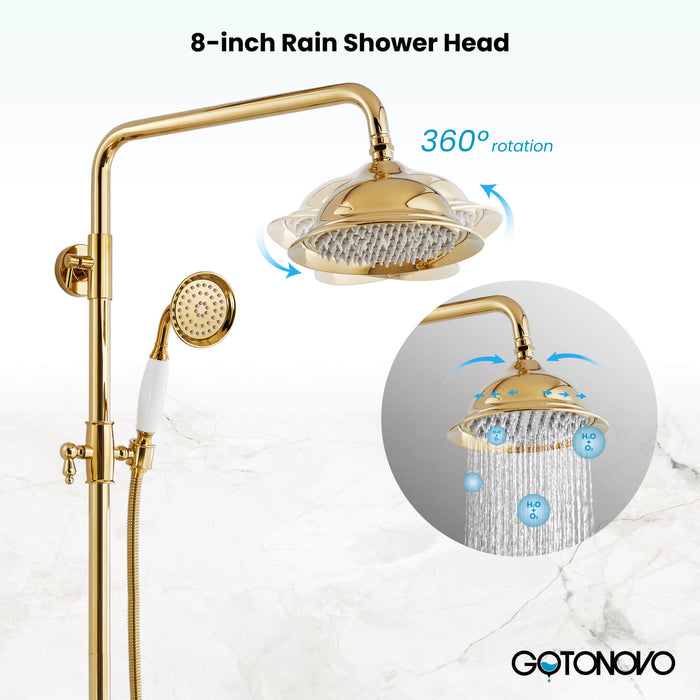 Gotonovo Exposed Shower System 8 Inch Rainfall Shower Head with Tub Spout and Handheld Spray Dual Cross Handle Bathroom Shower Faucet Wall Mount