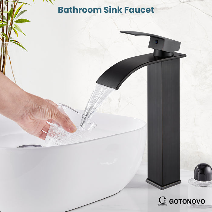 gotonovo Bathroom Sink Faucet Tall Large Waterfall Spout Deck Mount Stainless Steel 304 Single Hole Single Handle Mixer Tap with Supply Line(2 styles-Without Pop Up Drain & With Pop Up Drain)