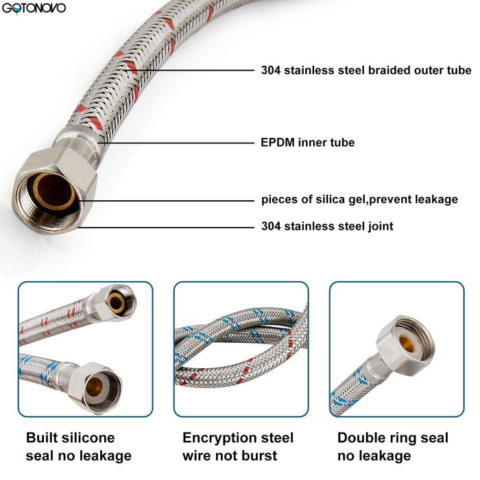 gotonovo 2 Pcs (1 Pair) Long Faucet Connector, Braided Stainless Steel Supply Hose 3/8-Inch Female Compression Thread x M10 Male Connector