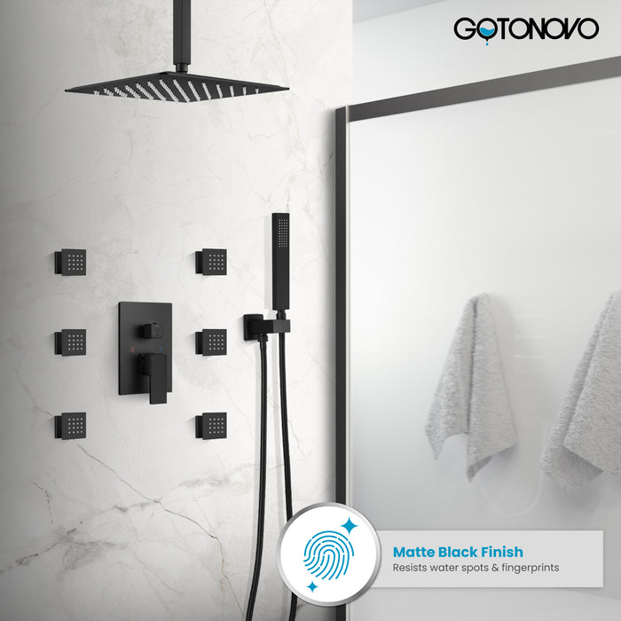 gotonovo Ceiling Mount Rain Shower Faucet Set with 6 Body Spray Jets Rainfall Shower Head and Handheld Sprayer Multi Shower System Rough-in Valve and Trim Included