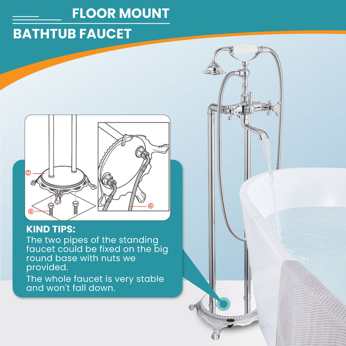 gotonovo Free Standing Tub Faucet,Ceramic Handheld Spray,Clawfoot Freestanding Bathtub Faucet,Vintage Floor Mount High Flow Tub Filler with Double Cross Handles,360°Rotation Spout