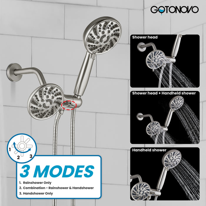 Gotonovo 3-weg wateromstelling Dual 2 in 1 douchekop combo douchesysteem met 5 functies Verstelbare handdouche en baduitloop Douchekraanset (inclusief ruw ventiel) 