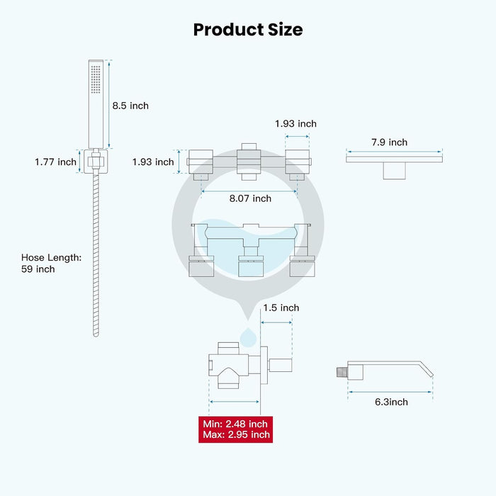 gotonovo Waterfall Tub Filler with Handheld Spray 3 Lever Handle Bathroom High Flow Rate Wall Mounted 2 Function Shower Faucet Set with Rough-in Shower Trim Kit Hot and Cold Mixer