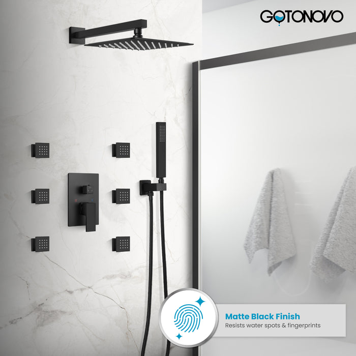 gotonovo Shower Faucet with Full Body Jets Rain Mixer 12 inch Rainfall Shower Head and Handheld Spray Combo Wall Mounted Rough-in Valve and Trim Included with 6pcs Body Message Jets