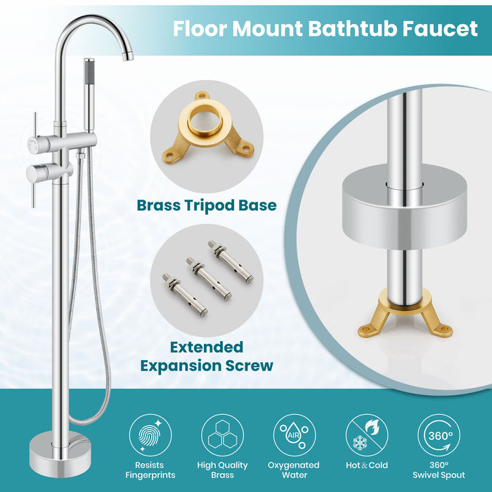 gotonovo Freestanding Tub Faucets Floor Mount Tub Filler, High Flow Free Standing Bathtub Faucet Stand Alone with Handheld Shower and Rough-in Valve,360° Swivel High-Arc Spout,SUS304