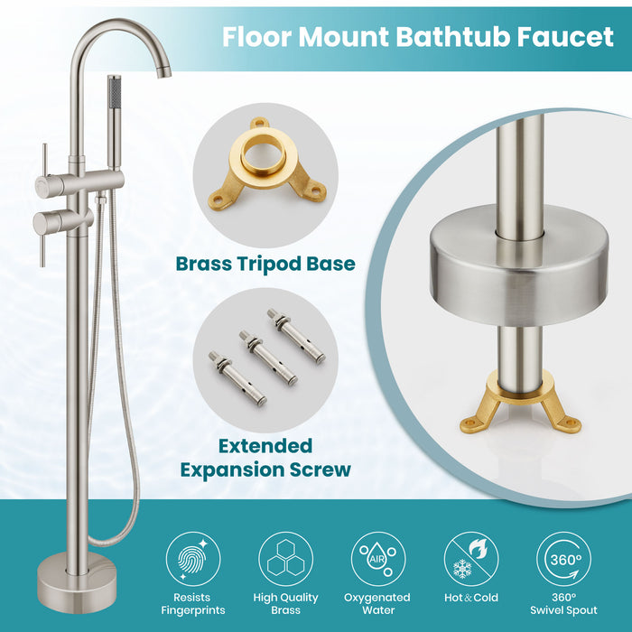 gotonovo Freestanding Tub Faucets Floor Mount Tub Filler, High Flow Free Standing Bathtub Faucet Stand Alone with Handheld Shower and Rough-in Valve,360° Swivel High-Arc Spout,SUS304