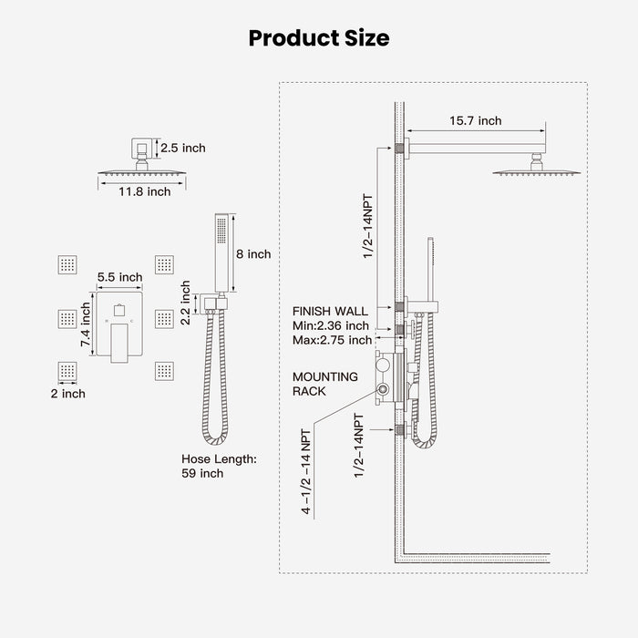 gotonovo Shower Faucet with Full Body Jets Rain Mixer 12 inch Rainfall Shower Head and Handheld Spray Combo Wall Mounted Rough-in Valve and Trim Included with 6pcs Body Message Jets
