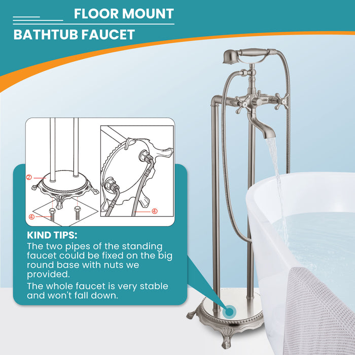 gotonovo Free Standing Tub Faucet,Brass Handheld Spray,Clawfoot Freestanding Bathtub Faucet,Vintage Floor Mount High Flow Tub Filler with Double Cross Handles,360°Rotation Spout