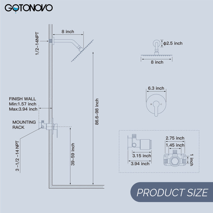 gotonovo Shower Faucet Set, Single Function Shower Trim Kit, Wall Mount 8 Inch Round Rainfall Shower Head and Handle Set, Single Handle Shower System Set Rough-in Valve